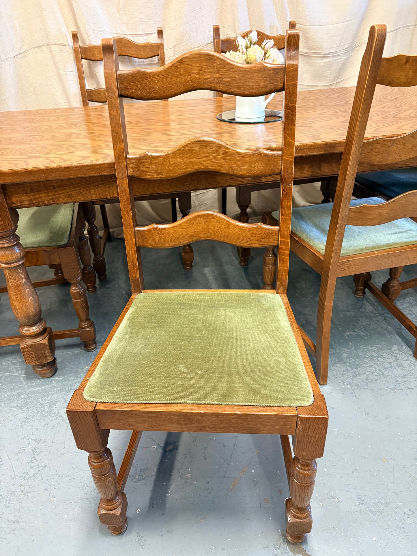 Belgium Oak Refectory Dining table with 6 Wavy Back Chairs