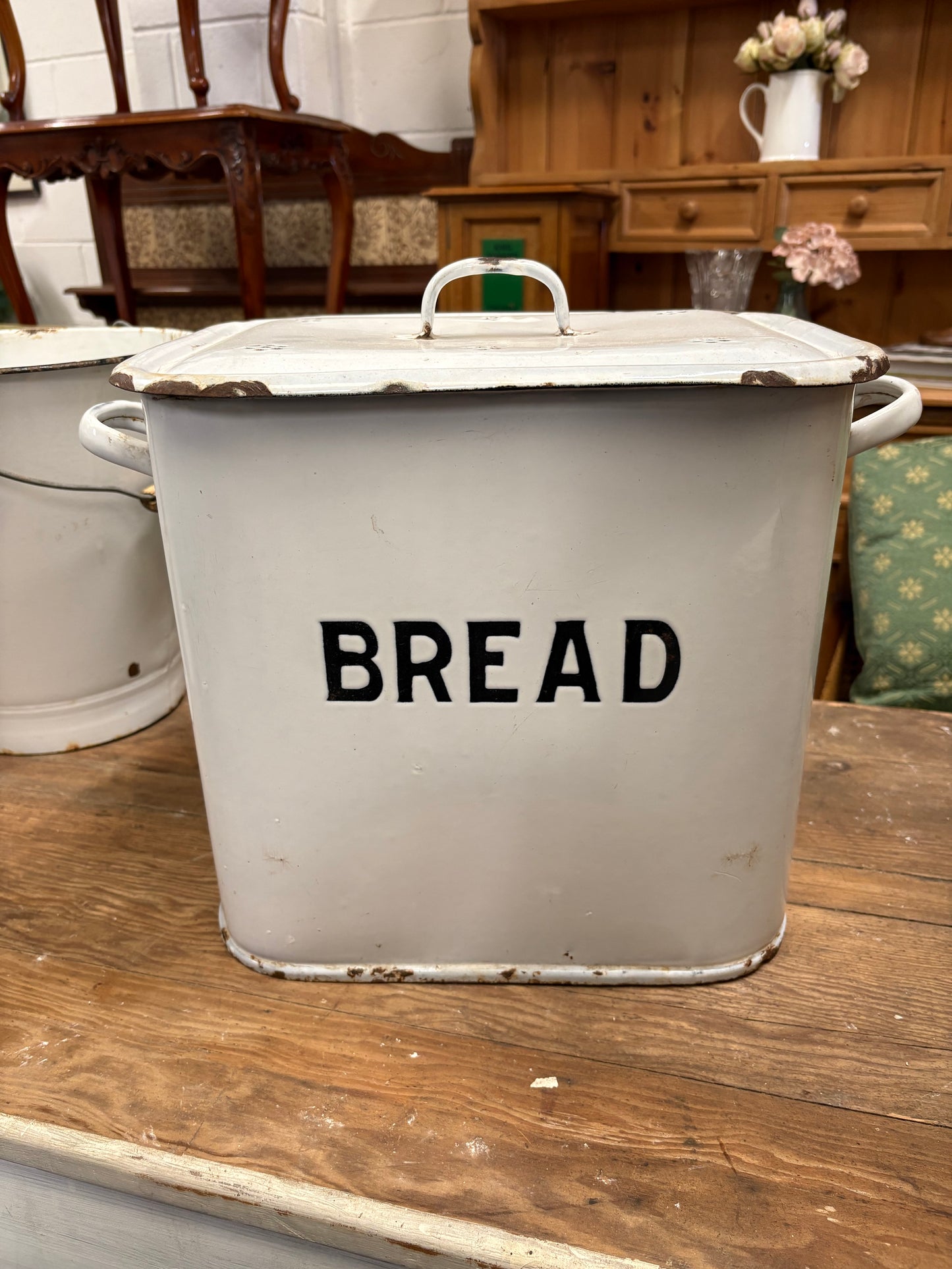 Vintage white metal kitchen storage bread bin with handles