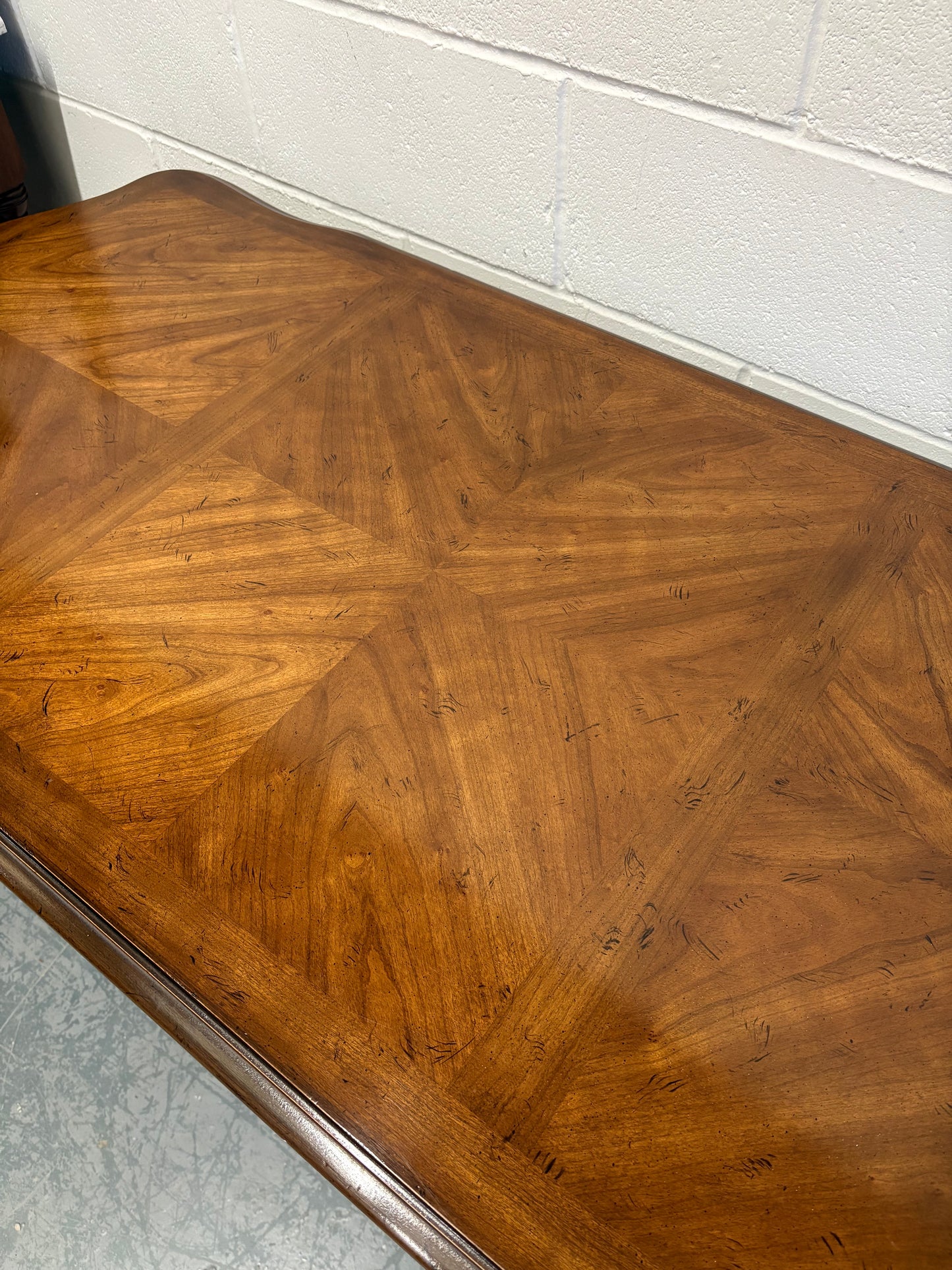 Vintage French walnut console table parquetry top & three drawers brass handles