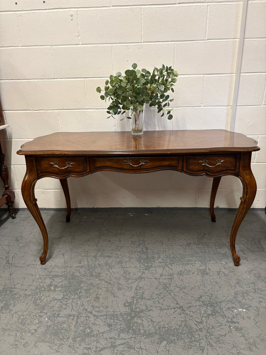Vintage French walnut console table parquetry top & three drawers brass handles