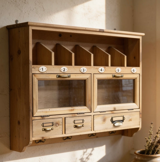 Country Farmhouse Wooden Wall Cabinet with Drawers & Hooks