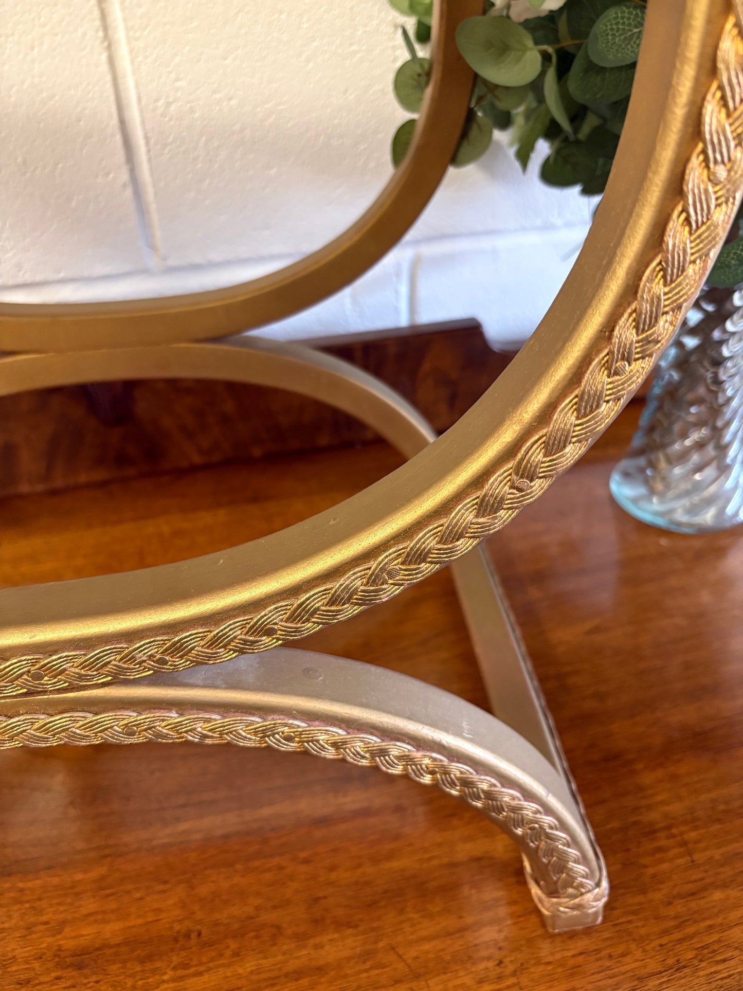 Vintage Regency Yellow Gold upholstered stool with a cross X Frame