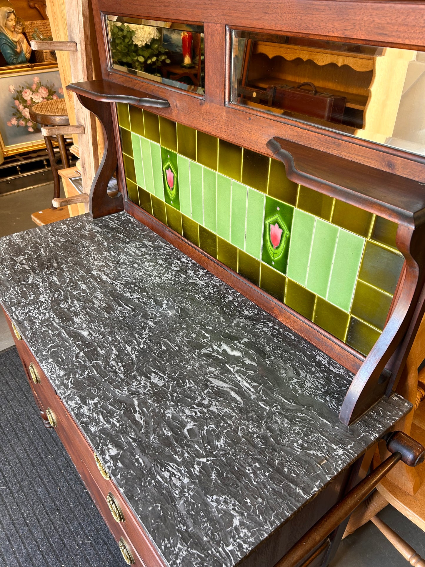 Magnificent late 19th century tiled mirrored and marble topped washstand