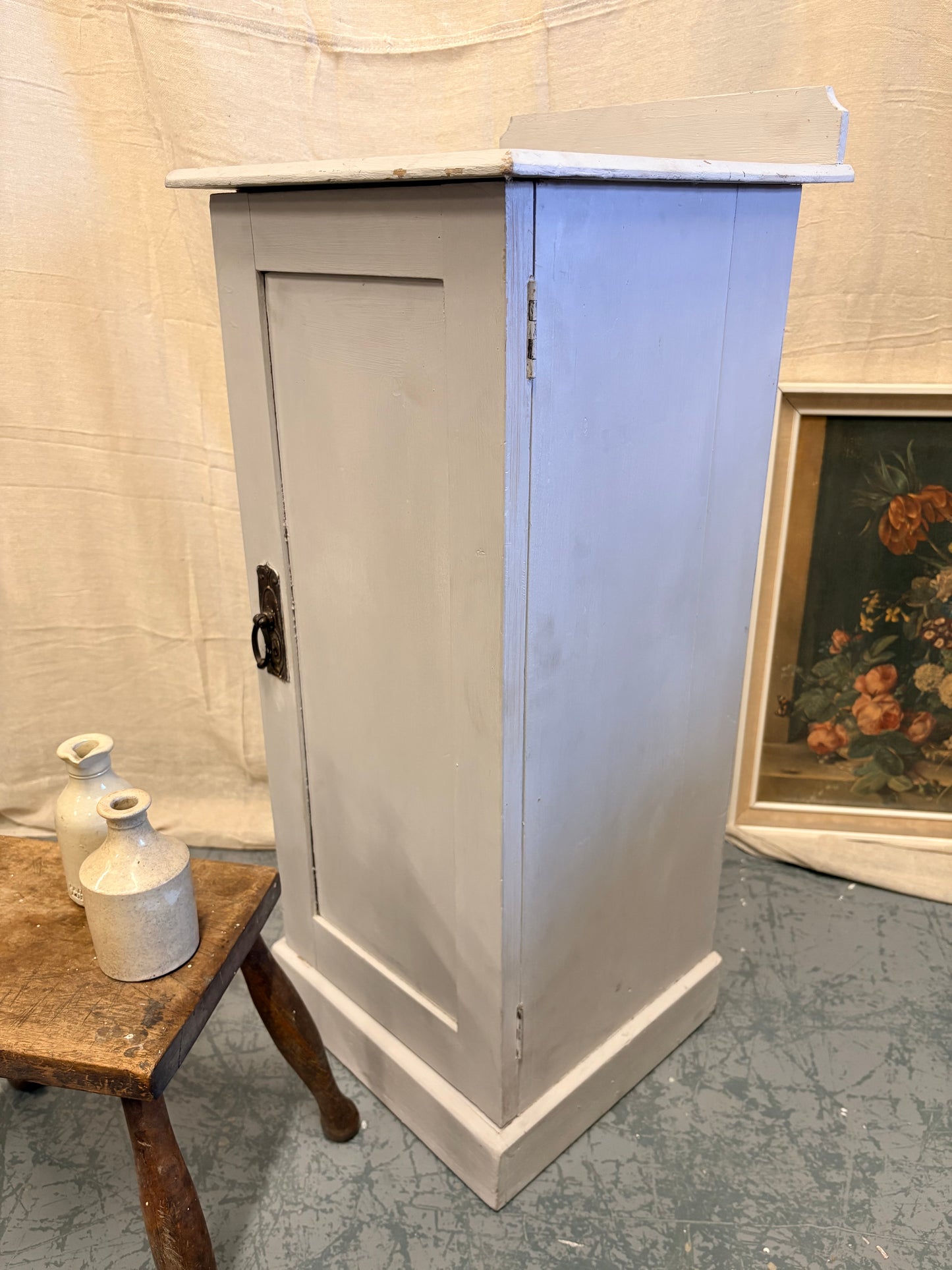 Antique Victorian Pine bedside pot cupboard Country Farmhouse style - Shabby grey paint