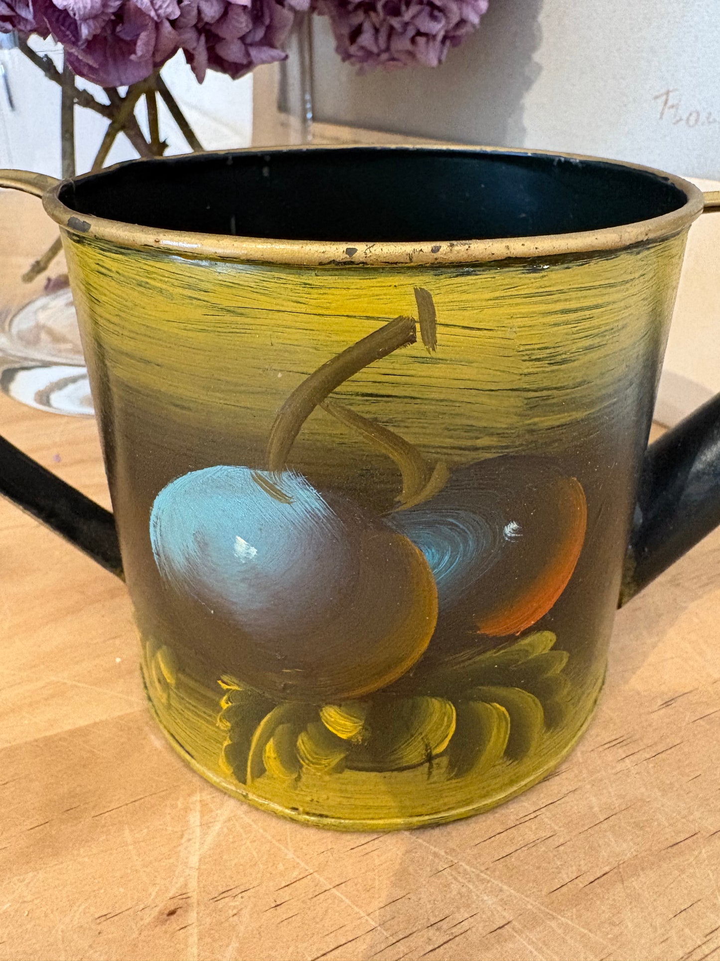 Vintage metal hand painted watering can plant pot