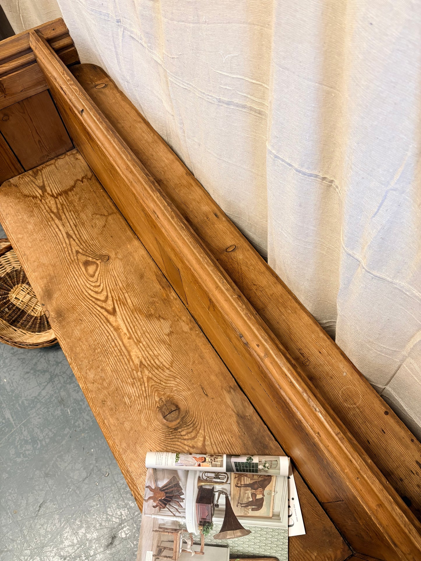 Antique Pitch Pine Bench Pew Panelled sides and Shelf to back
