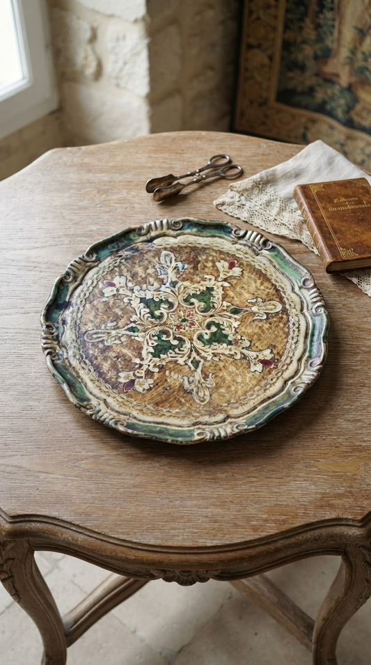 A decorative vintage mid-century Italian Florentine hand-painted and gilt wooden serving tray