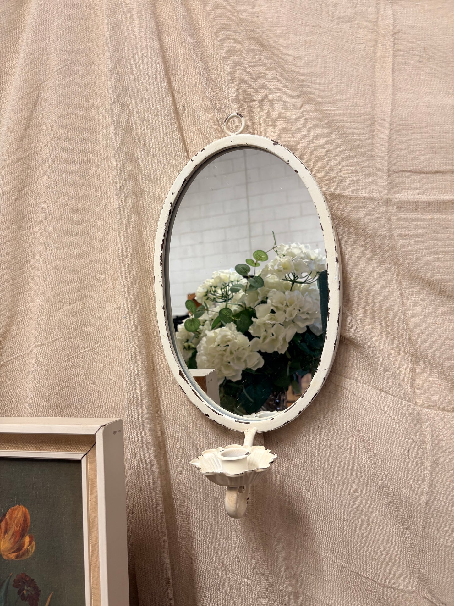 Decorative Wall Candle sconce with mirror in Aged Antique White