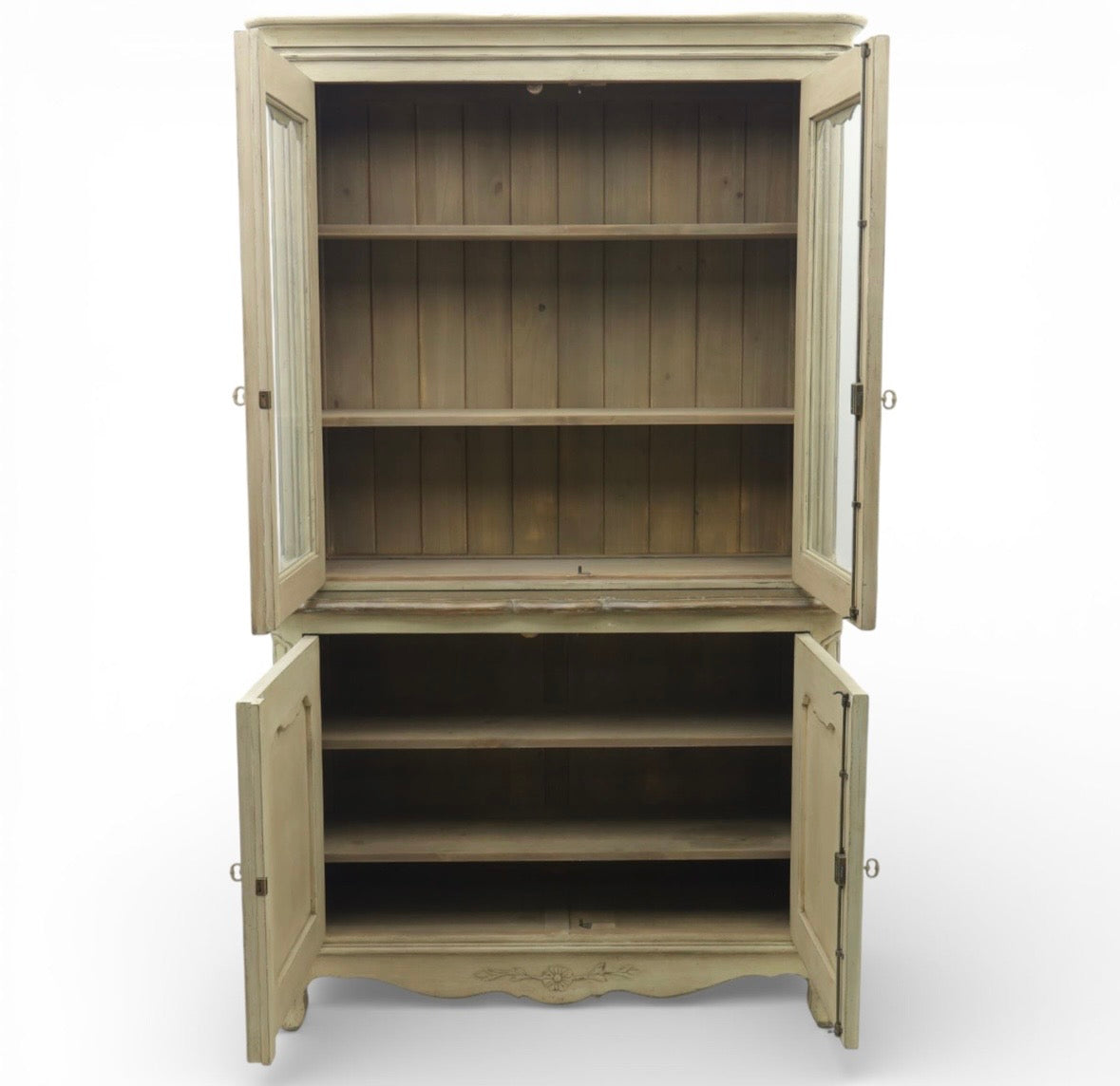 Stunning Vintage French Painted Pine cabinet Glazed doors carving shelves cabriole legs