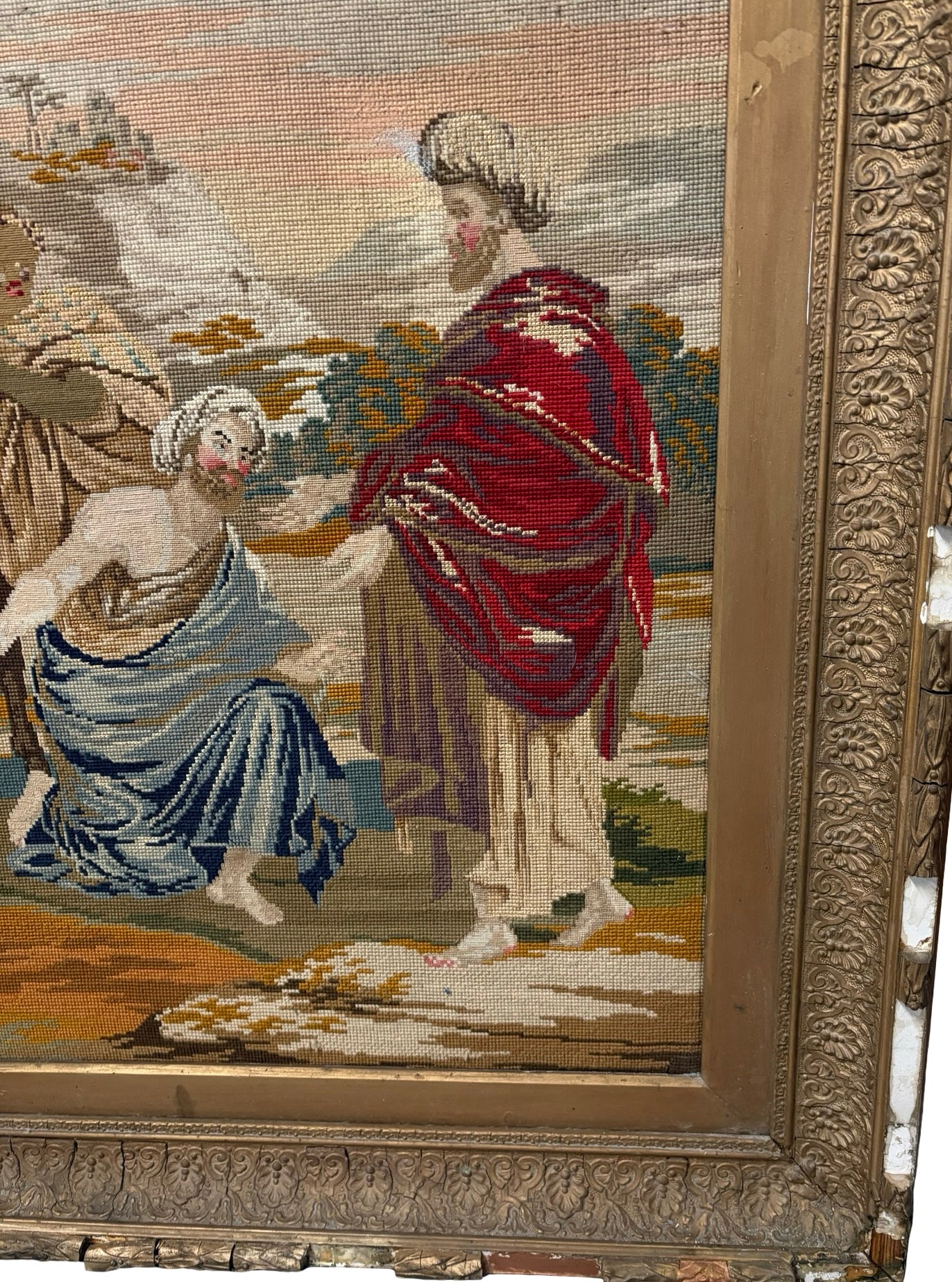 Impressive Large 19th Century Needlepoint Tapestry Biblical Religious scene Gilt Frame