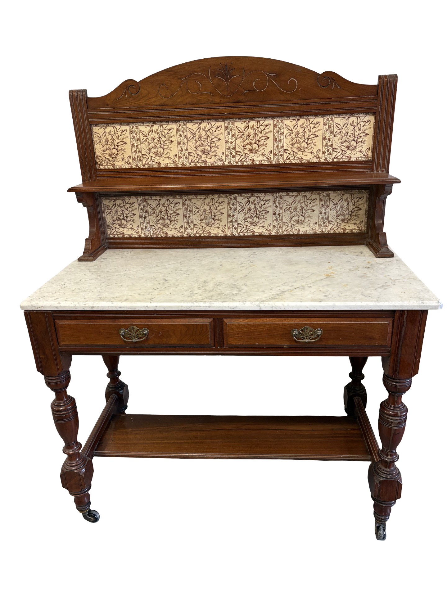Edwardian Antique Marble top & Tiled back Washstand Side Console Table