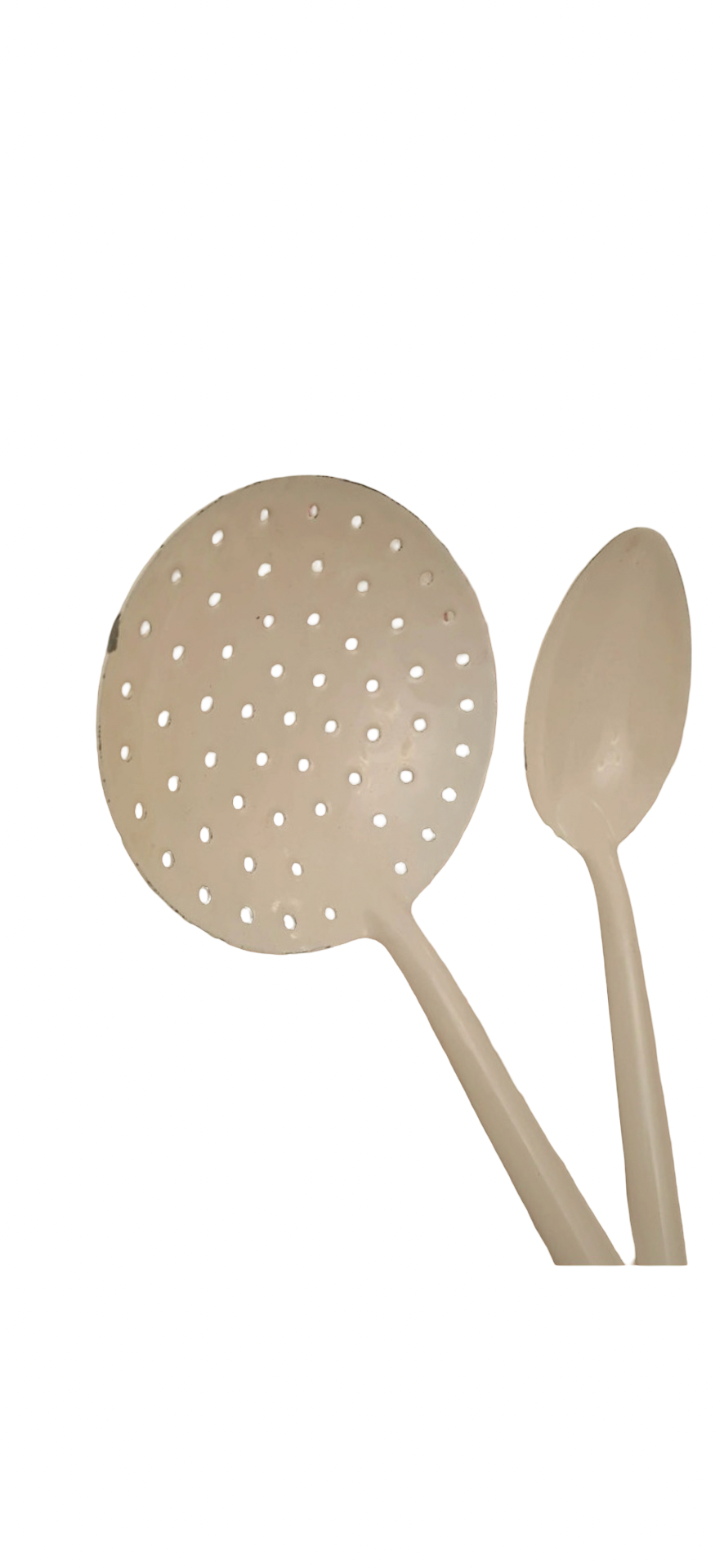 Set of 4 Vintage Cream Enamel Kitchen Cooking Utensils