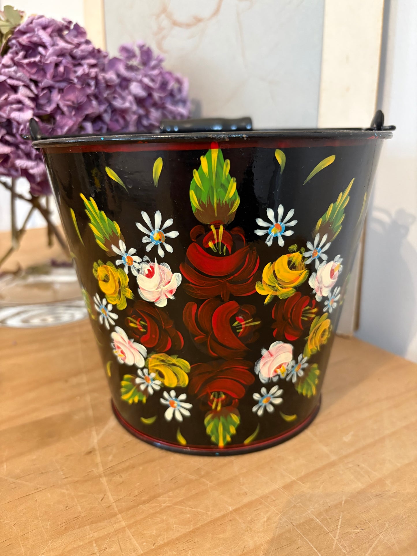 Vintage hand painted bucket design plant pot folky bargeware look