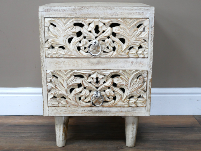 Bohemian Carved white Wooden Bedside Table Drawers storage