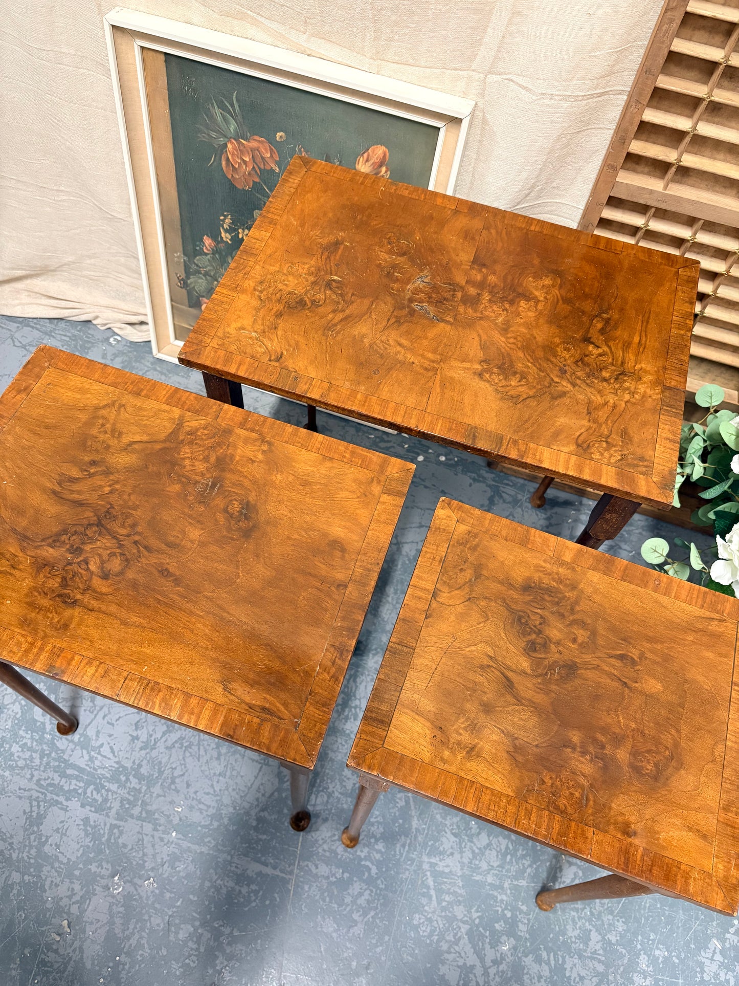 Nest of Antique Burr Walnut Coffee / lamp side / living room tables