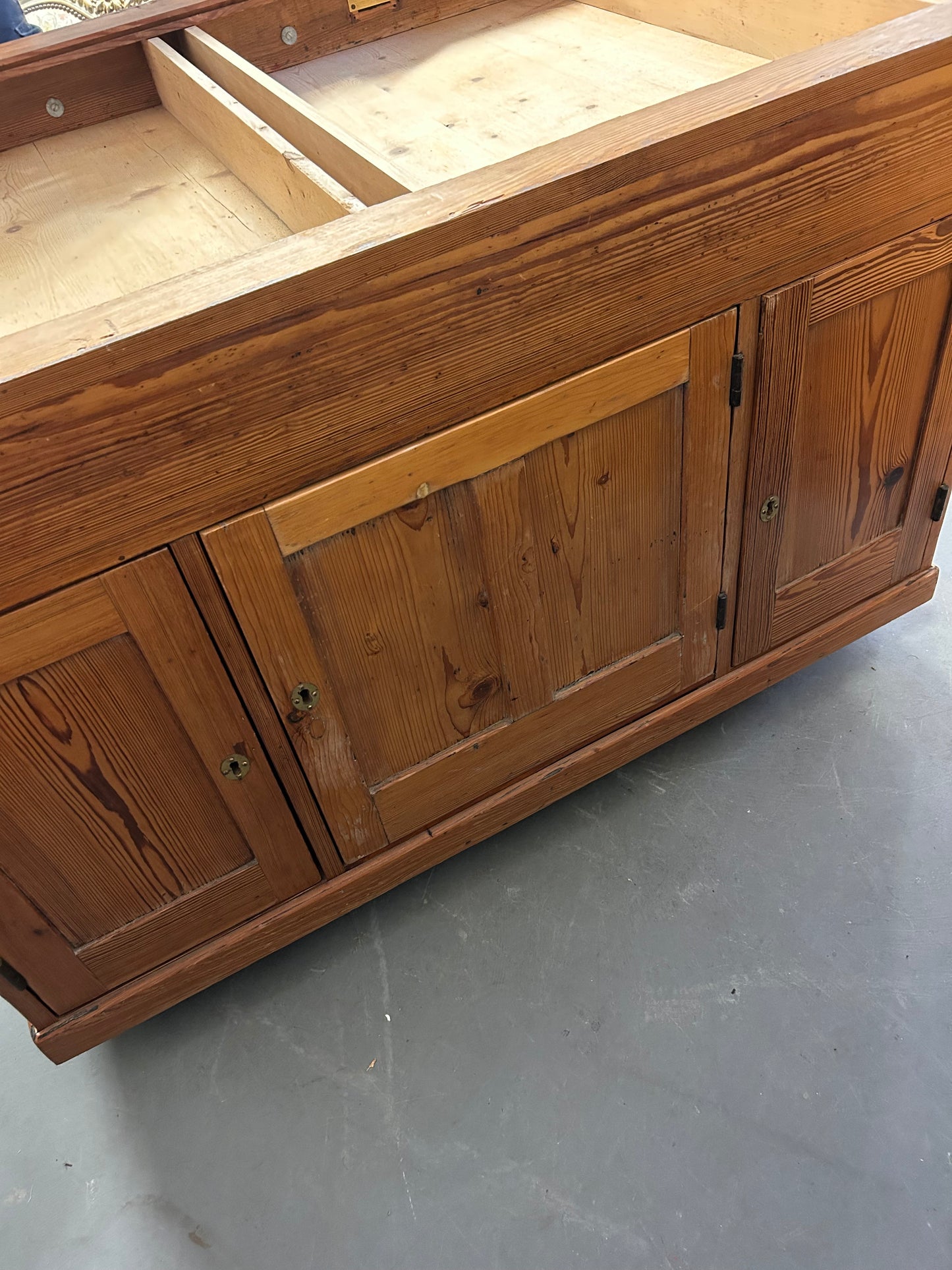 Antique Pitch Pine Large Partners Desk with Cupboards and drawers