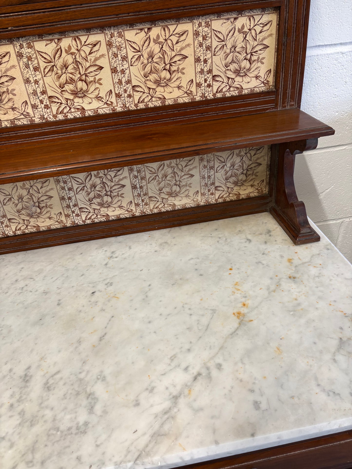 Edwardian Antique Marble top & Tiled back Washstand Side Console Table