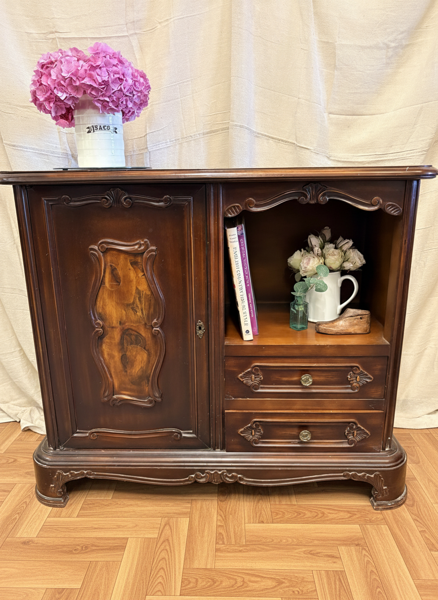 Vintage Carved Mahogany French Style Cabinet Storage Sideboard