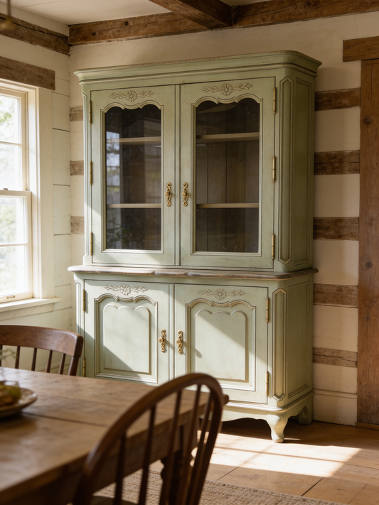 Stunning Vintage French Painted Pine cabinet Glazed doors carving shelves cabriole legs
