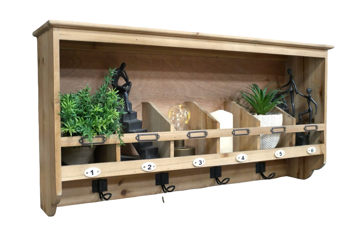 Rustic wooden wall shelf unit with hooks & Storage kitchen hall utility