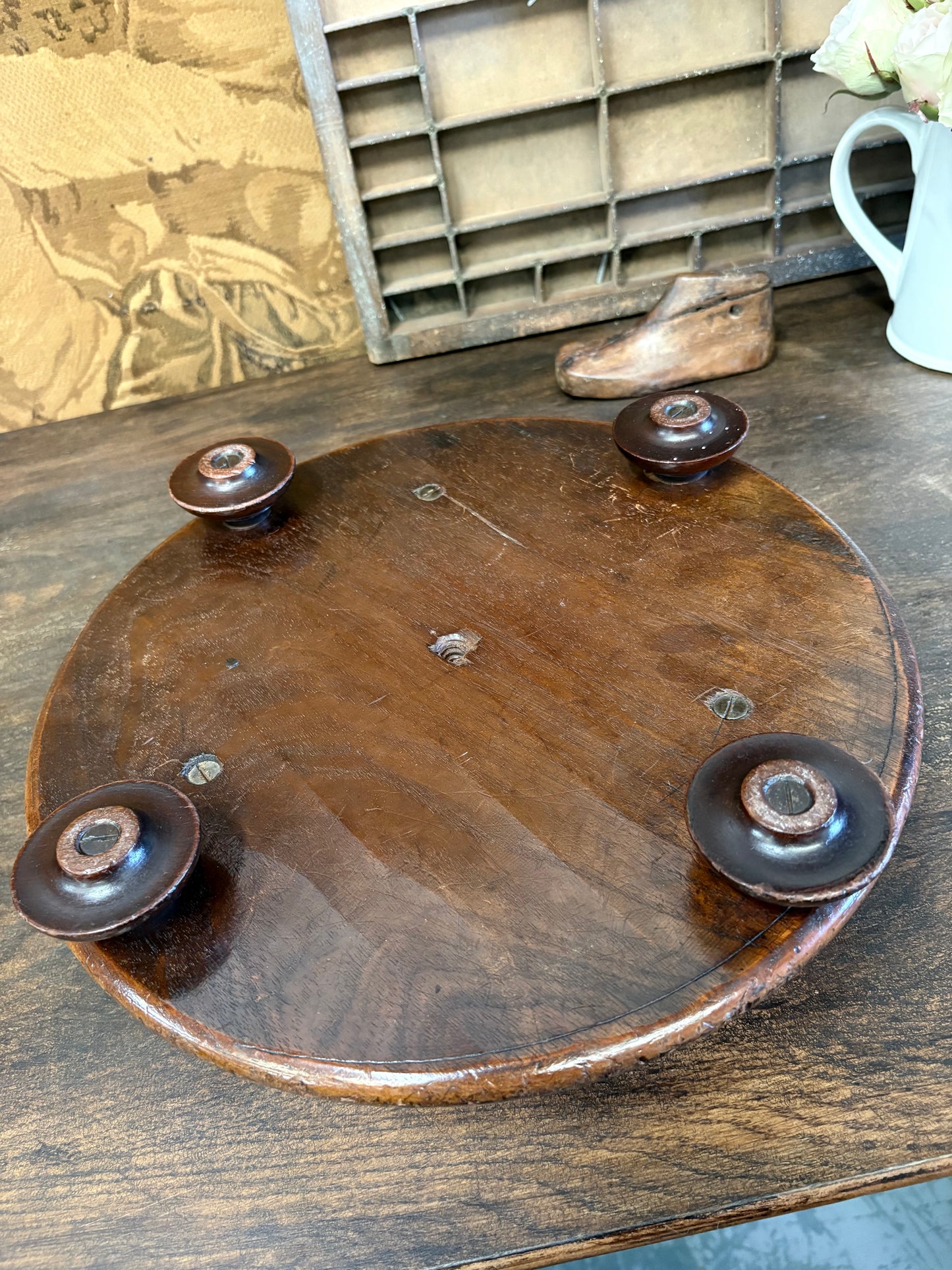 Antique Circular Walnut Beaded Footstool on bun feet