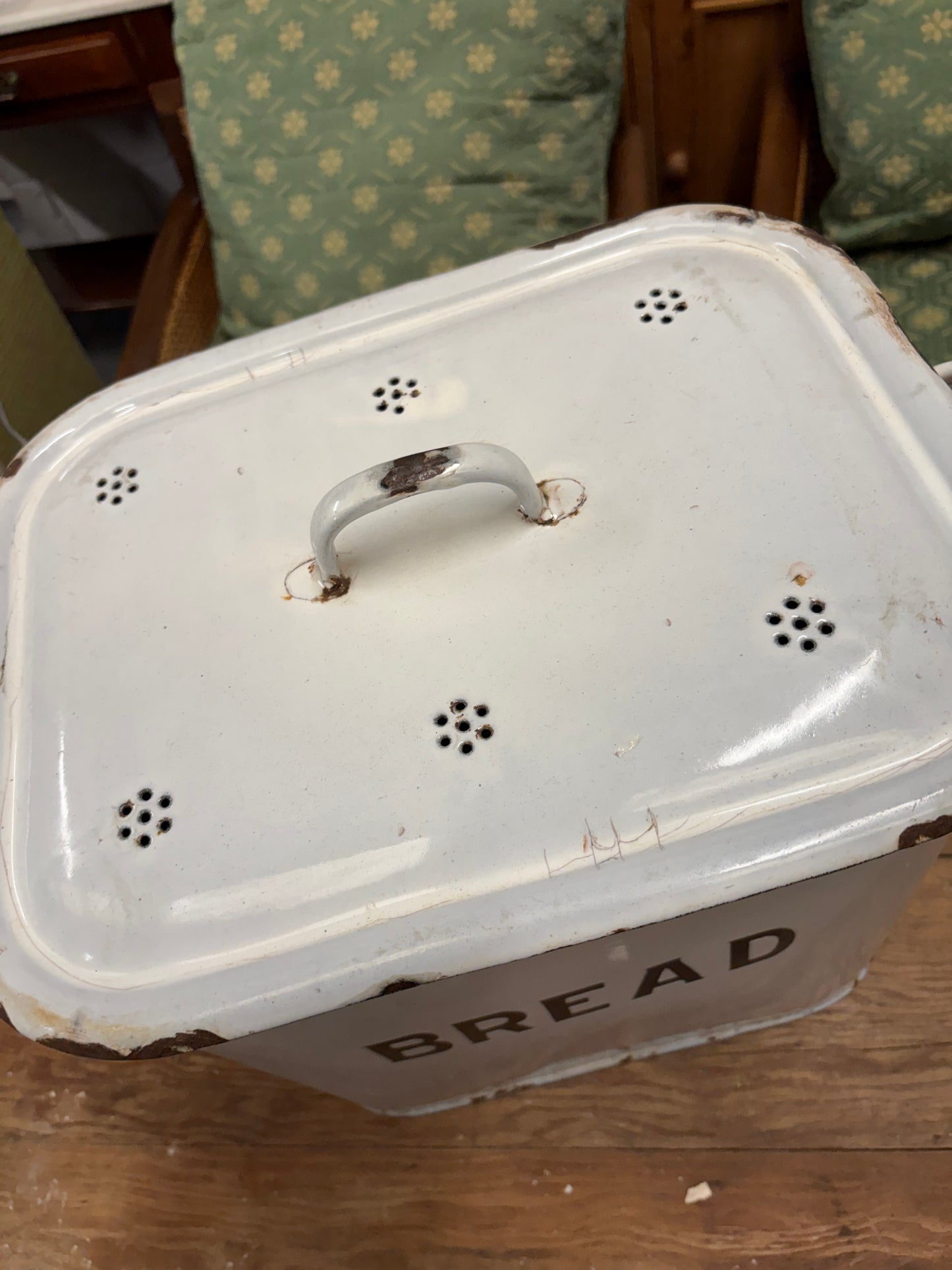 Vintage white metal kitchen storage bread bin with handles