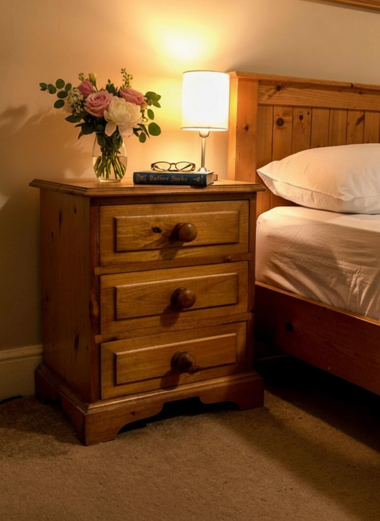 Quality Vintage pine bedside chest with 3 drawers Country Farmhouse style