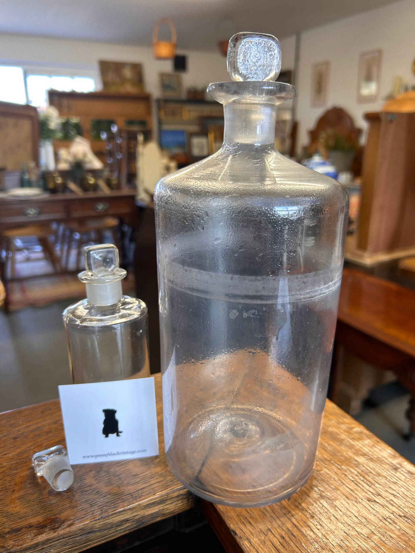 One large plain glass apothecary bottle with ground glass stopper.