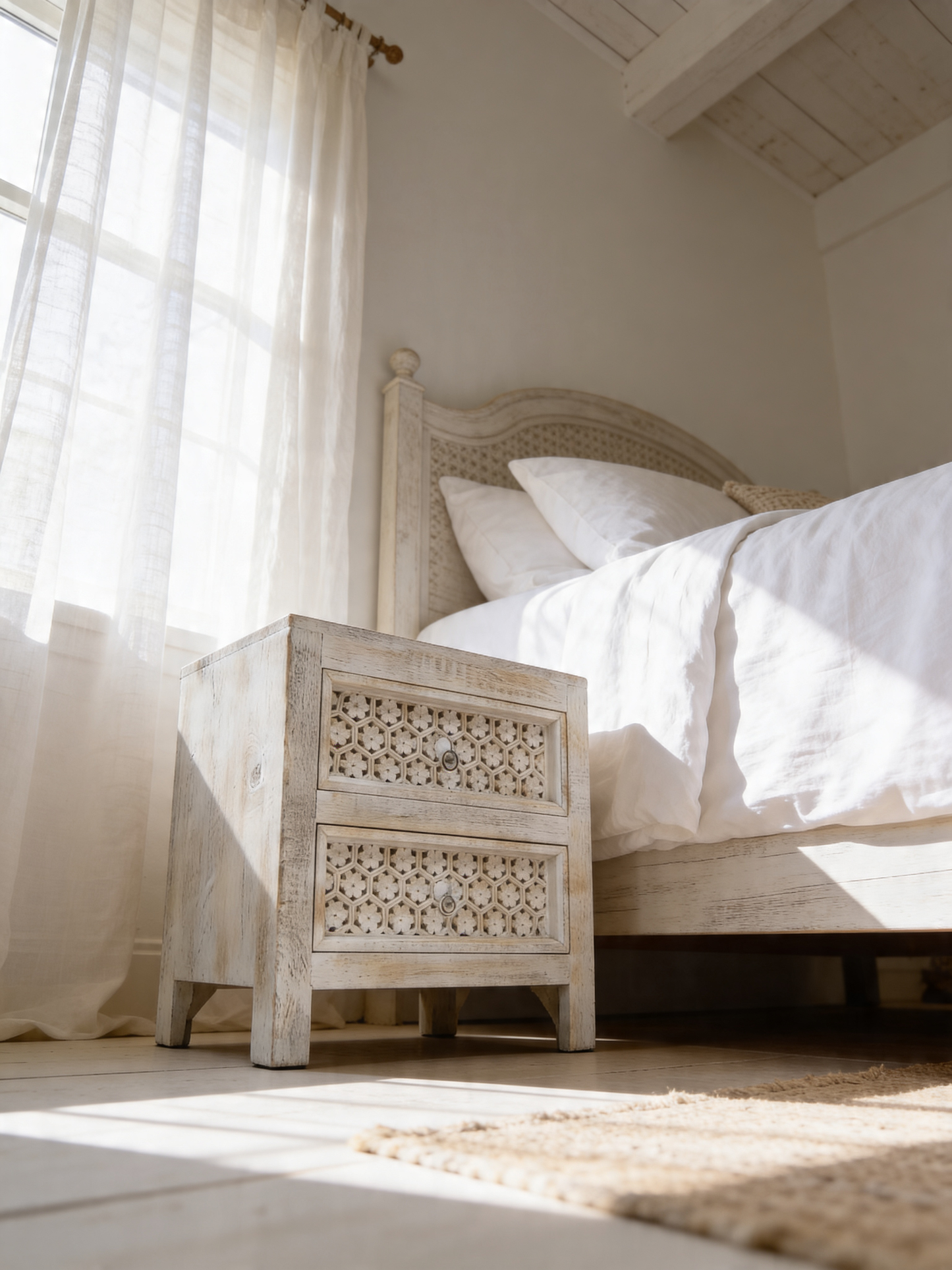 White Floral Carved Wooden Bedside Drawers Table storage