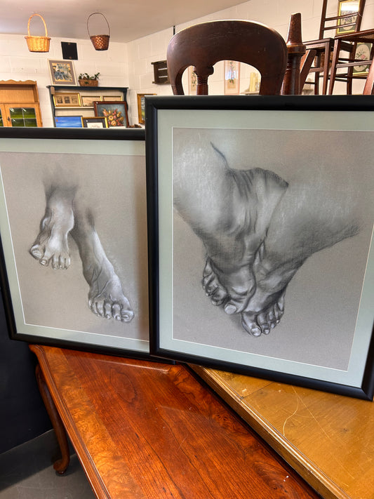 A Pair of large Pencil and Pastel drawn studies of feet Framed Glazed Art