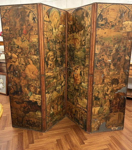 A Vintage four fold decoupage screen decorated with figures and monuments