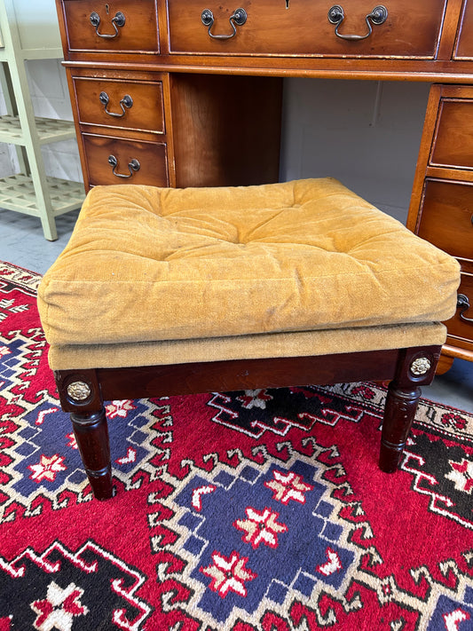 Low Yellow Velvet upholstered button footstool with gilt Yorkshire rose detail