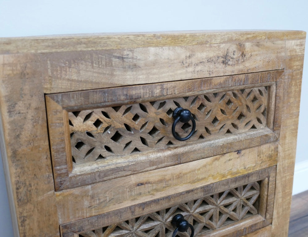3 drawer Wooden bedside cabinet with carved decorative drawer fronts