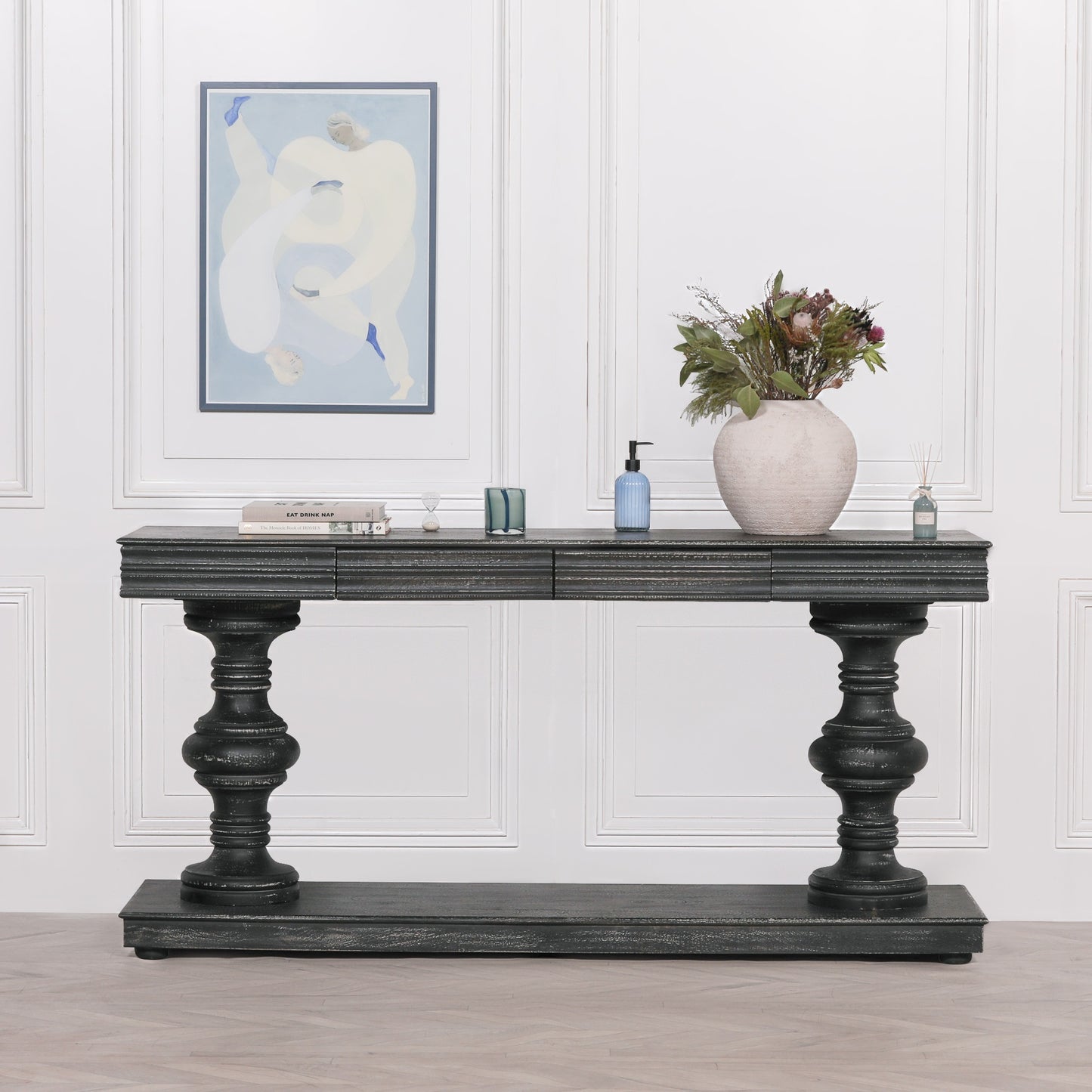Large Distressed Black Painted Column Console Table Impressive