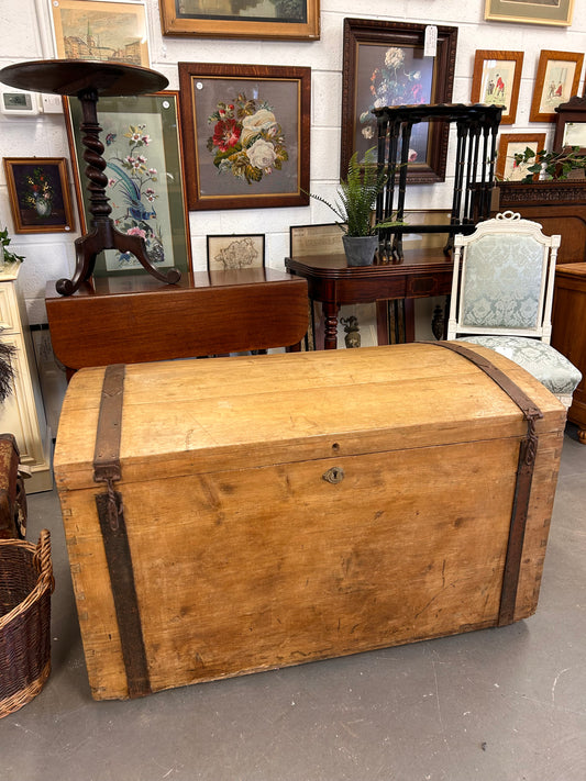 HUGE Late 19thC Pine and metal bound dome topped trunk