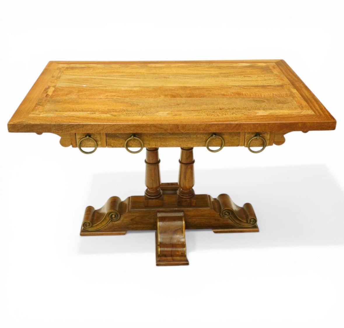 Quality made mango wood hall console table, three drawers with large hooped pulls & decorative base