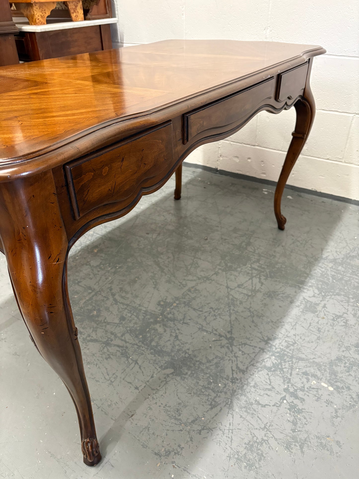Vintage French walnut console table parquetry top & three drawers brass handles