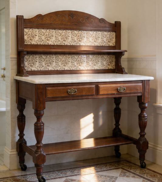 Edwardian Antique Marble top & Tiled back Washstand Side Console Table