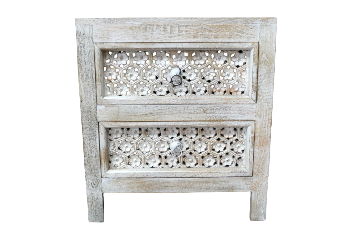 White Floral Carved Wooden Bedside Drawers Table storage