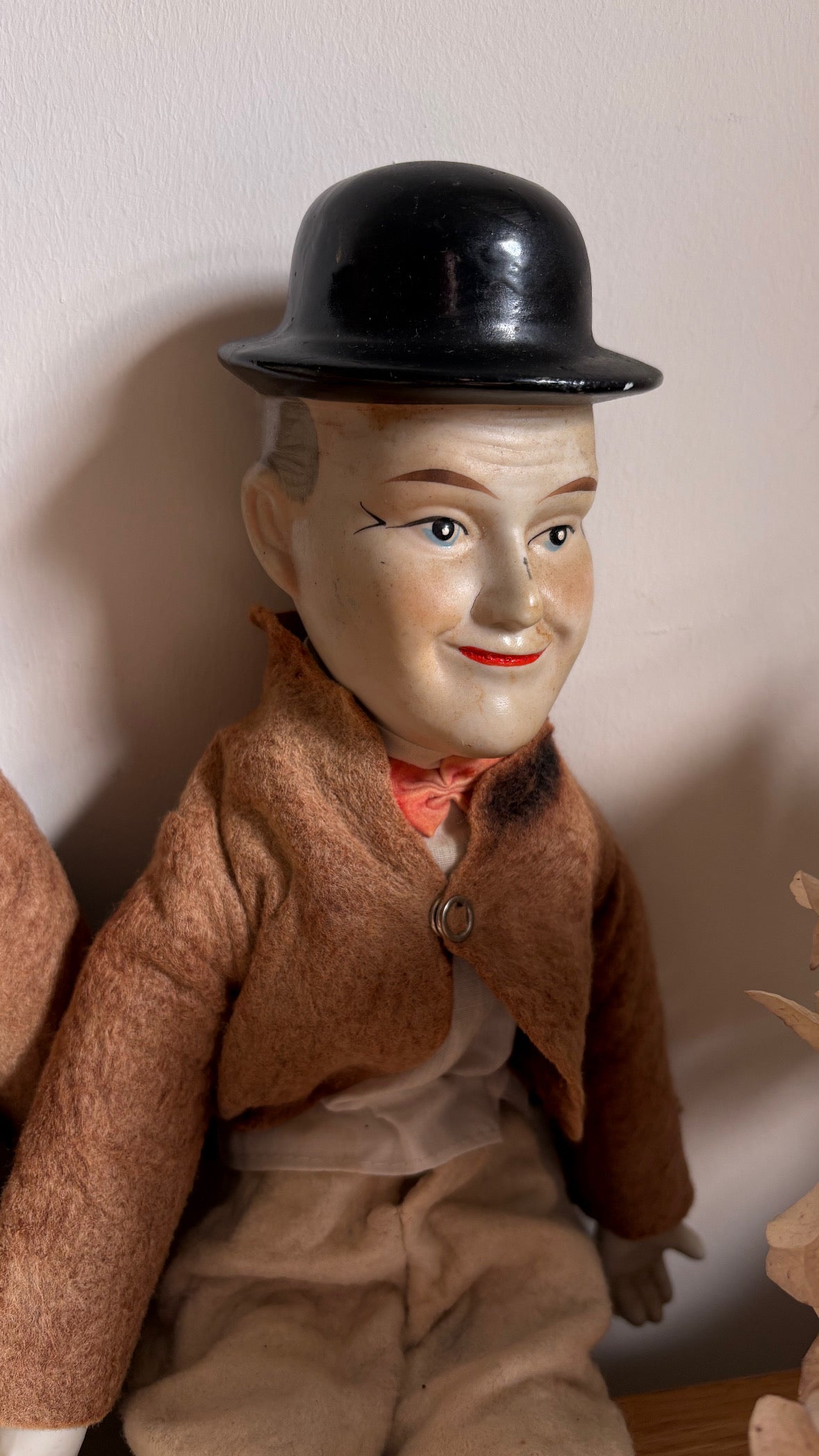Laurel & Hardy Bisque Head Hands Feet Vintage Dolls Faded fabric