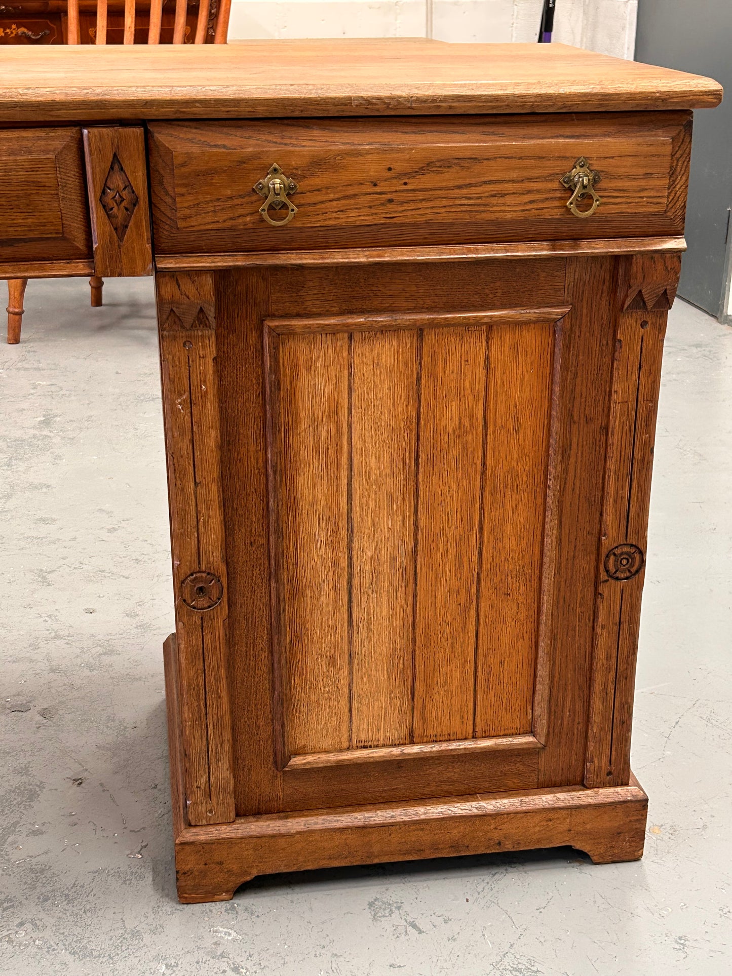 Large Victorian oak sideboard drawers cupboards carving and original handles