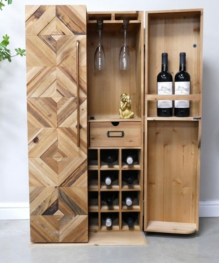 Wine Drinks Glasses Storage Cabinet side table in Light Fir Wood Geometric Design