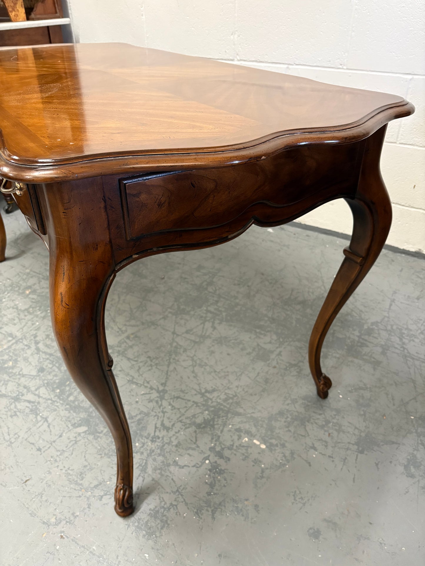 Vintage French walnut console table parquetry top & three drawers brass handles