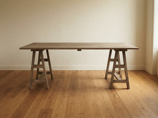 Vintage Farmhouse styled dining kitchen trestle table light mahogany wood 8-10 seater