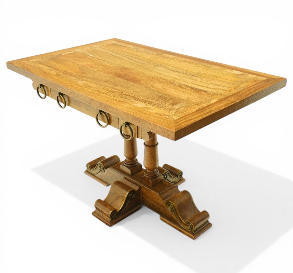 Quality made mango wood hall console table, three drawers with large hooped pulls & decorative base
