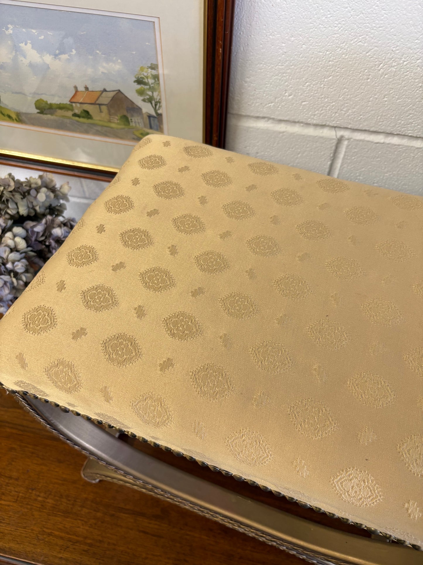 Vintage Regency Yellow Gold upholstered stool with a cross X Frame