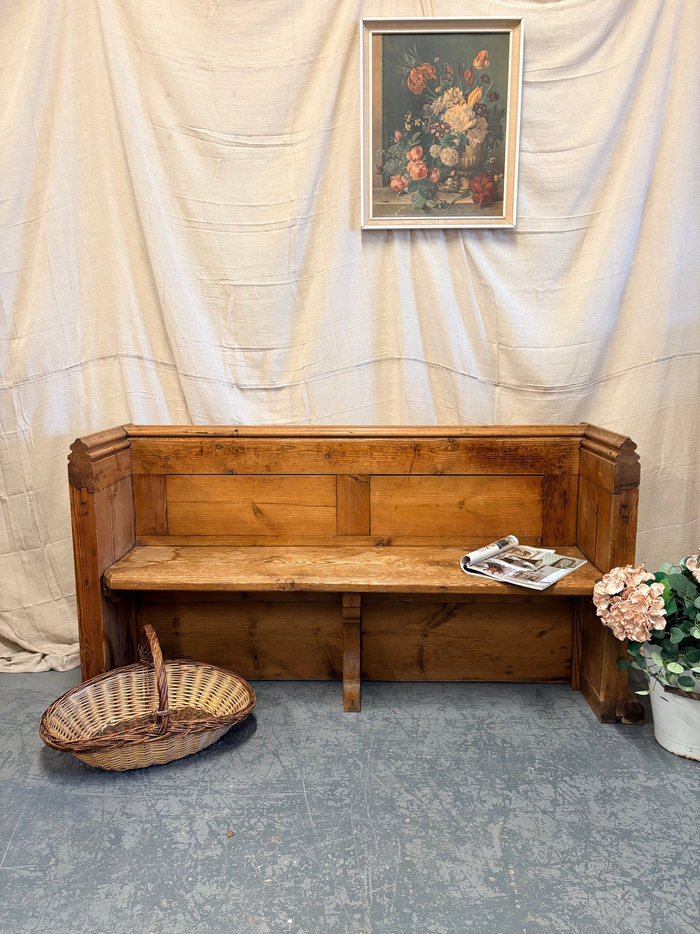 Antique Pitch Pine Bench Pew Panelled sides and Shelf to back