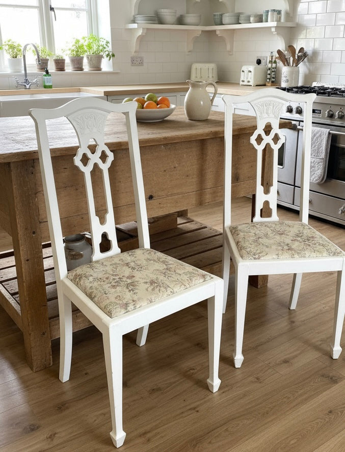Pair of white fabric covered carved Edwardian occasional or bedroom chairs