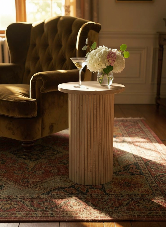 Rustic Ribbed Blanche Round Side Occasional Table
