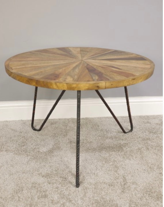 Circular Natural Rustic Wooden Acacia wood coffee table Hairpin legs with geometric design